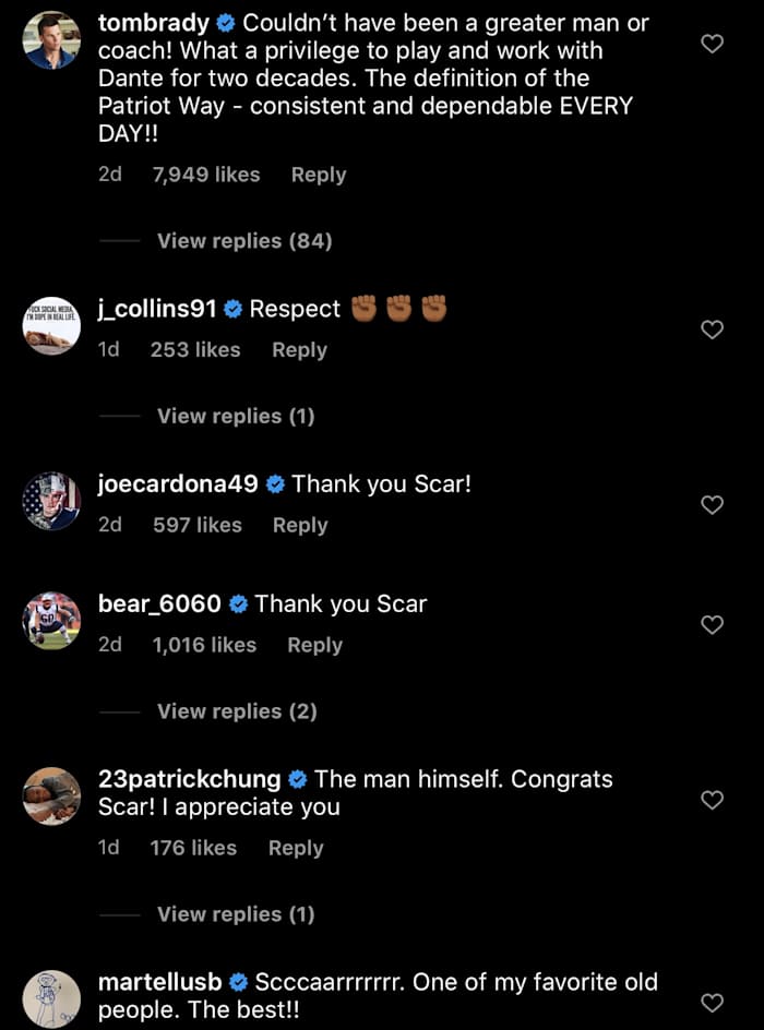 Patriots players commented on the Patriots' official Instagram post about the retirement of o-line coach, Dante Scarnnechia. 